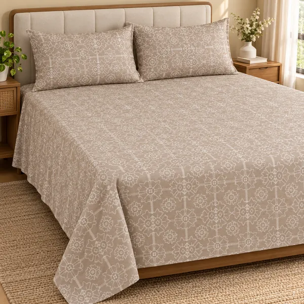 Mocha_Bloom_Glace_Cotton_108"_×_108"_King_Size_Floral_Printed_Bedsheet_Set