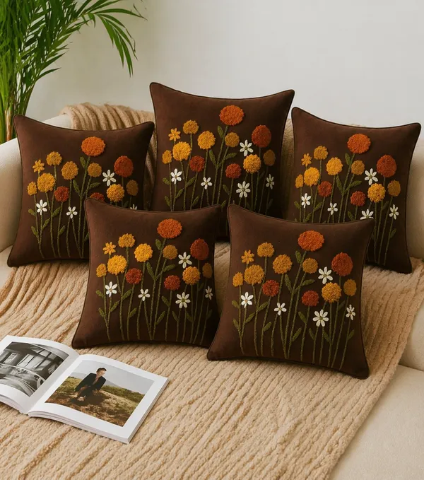 Pack_of_5_Designer_Wildflower_Cushion_Set_–_Soft_Touch_Chocolate_Edition