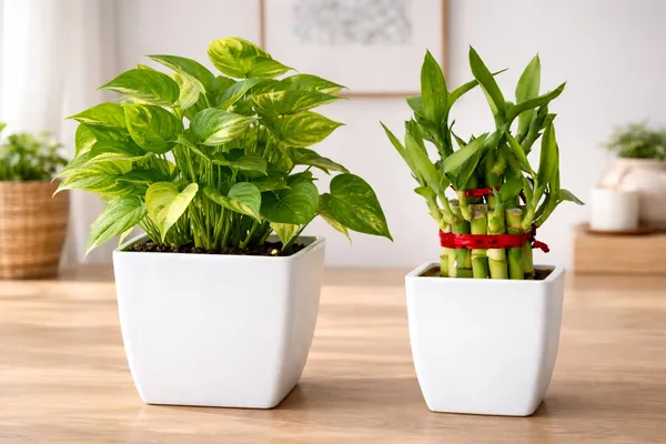White_&_Green_Two_Layer_Lucky_Bamboo,_Golden_Money_Plant_Combo