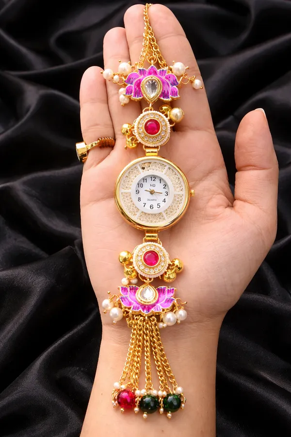 Multicolor_Brass_Pink_Lotus_Kundan_Watch_For_Women