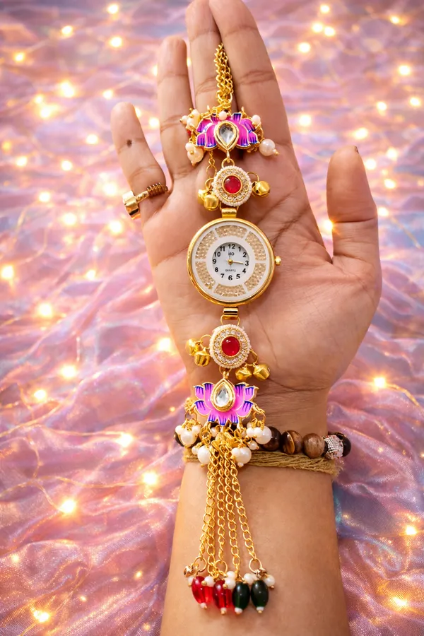 Multicolor_Brass_Pink_Lotus_Kundan_Watch_For_Women