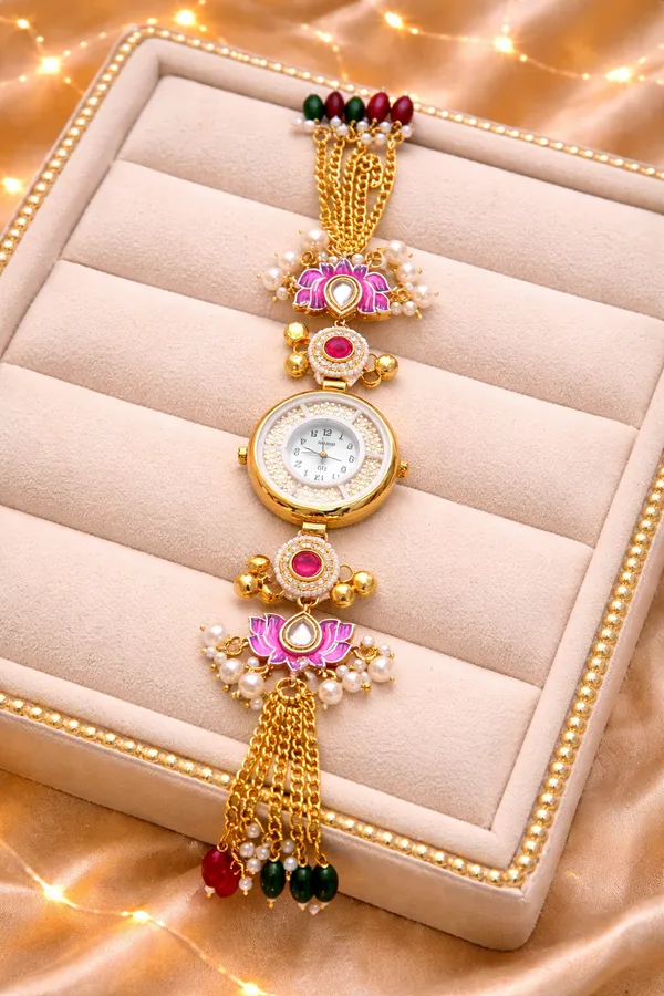 Multicolor_Brass_Pink_Lotus_Kundan_Watch_For_Women