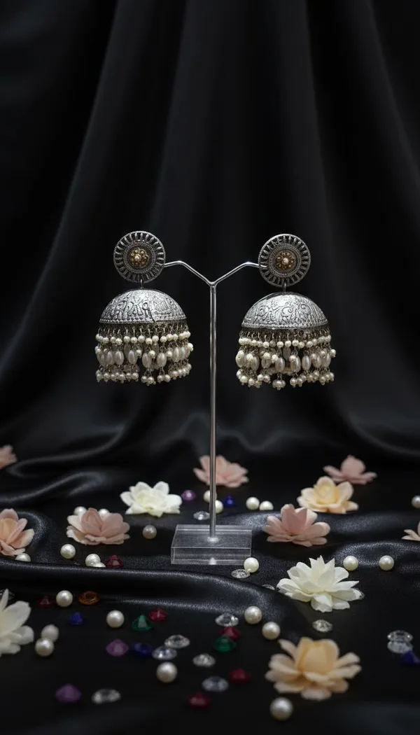 Silver_&_White_German_Silver_Jhumki_Earrings_For_Women