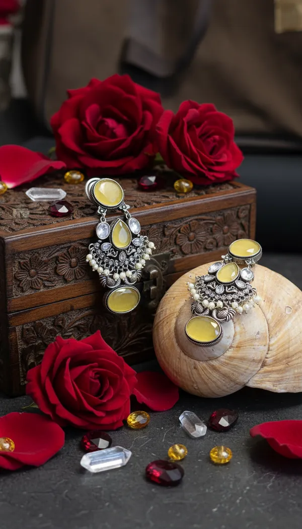 Yellow_German_Silver_Emerald_Rajwada_Jhumka_Set_For_Women