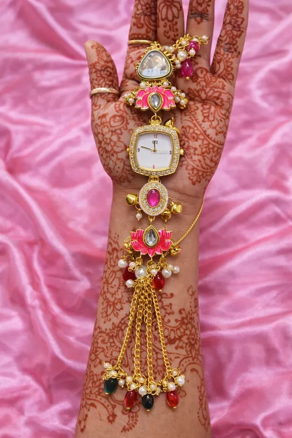 Gold_&_Pink_Brass_Pink_Lotus_Kundan_Watch_For_Women