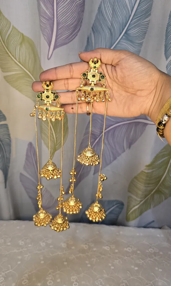Gold_&_Mint_Green_Brass_Moissanite_Kashmiri_Earrings_For_Women
