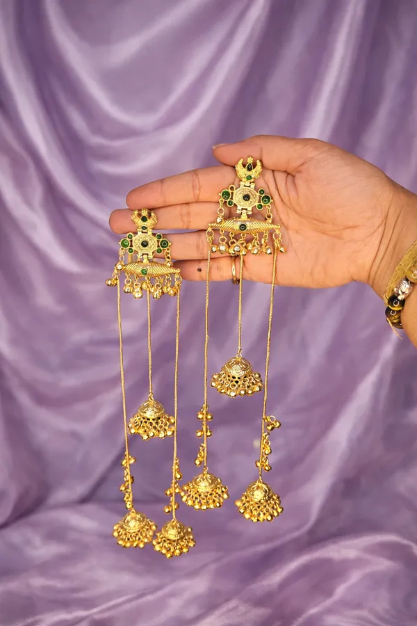 Gold_&_Mint_Green_Brass_Moissanite_Kashmiri_Earrings_For_Women