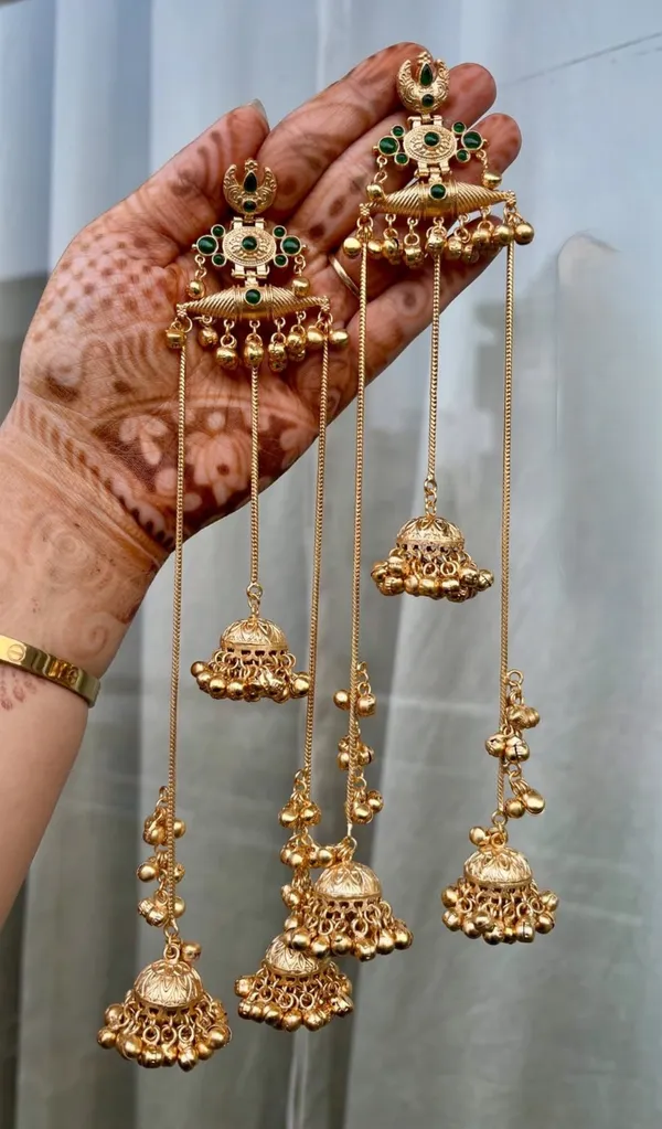 Gold_&_Mint_Green_Brass_Moissanite_Kashmiri_Earrings_For_Women
