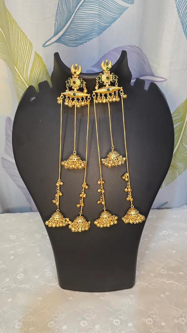 Gold_&_Mint_Green_Brass_Moissanite_Kashmiri_Earrings_For_Women