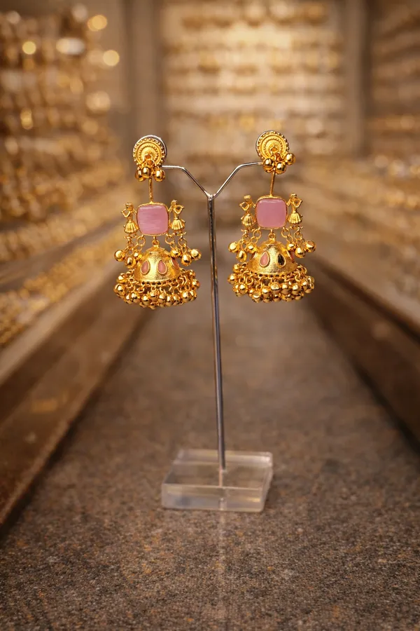 Gold_&_Light_Pink_Brass_Moissanite_Stone_Earrings_For_Women