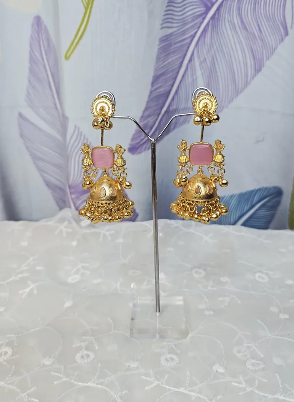 Gold_&_Light_Pink_Brass_Moissanite_Stone_Earrings_For_Women