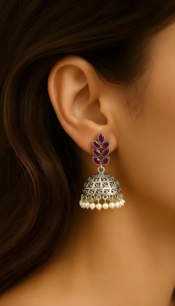 Silver_&_Maroon_Brass_Moissanite_Stone_Earrings_For_Women