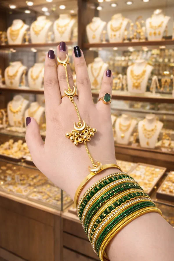 Gold_Brass_Handcuff_&_Ring_Set_For_Women