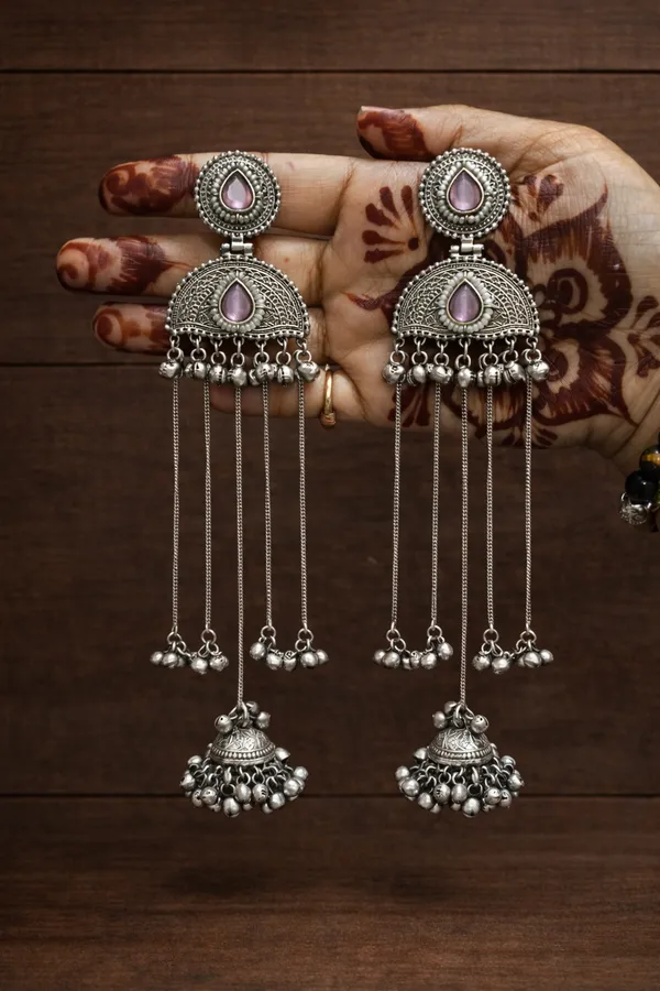 Silver_&_Maroon_Brass_Oxidized_Silver_Jhumki_For_Women