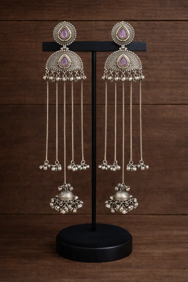 Silver_&_Maroon_Brass_Oxidized_Silver_Jhumki_For_Women
