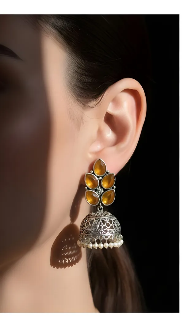 Yellow_&_Silver_German_Silver_Jhumka_Earrings_For_Women