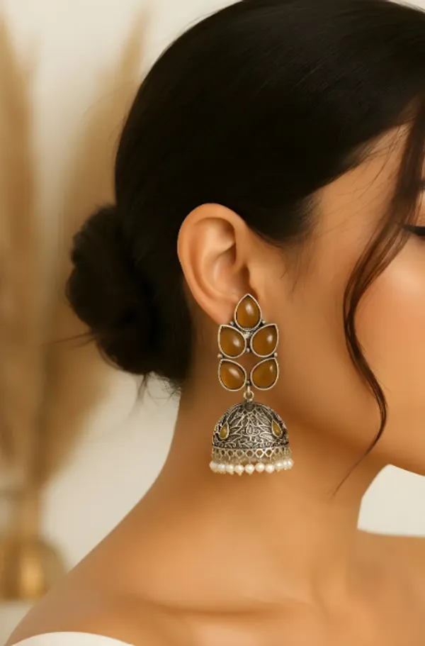 Yellow_&_Silver_German_Silver_Jhumka_Earrings_For_Women