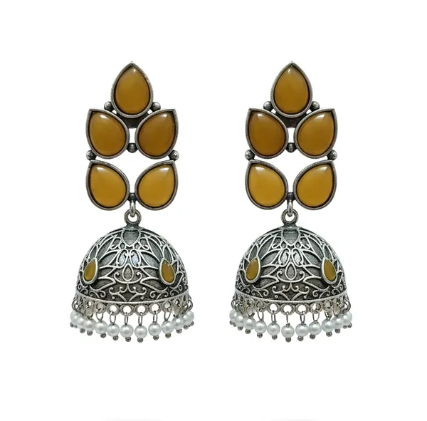 Yellow_&_Silver_German_Silver_Jhumka_Earrings_For_Women