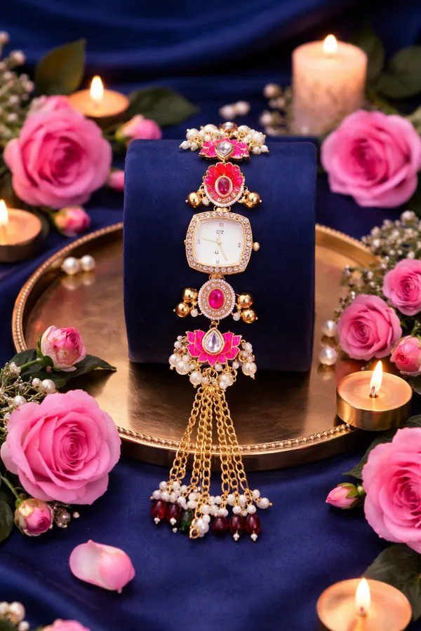 Gold_&_Pink_Brass_Pink_Lotus_Kundan_Watch_For_Women