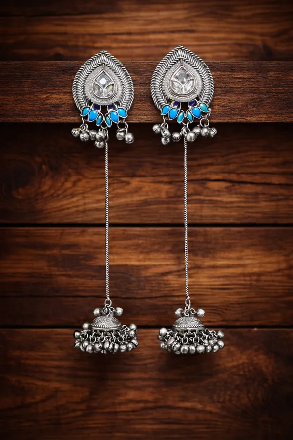 Silver_&_Blue_Brass_Jhumka_Earrings_For_Women