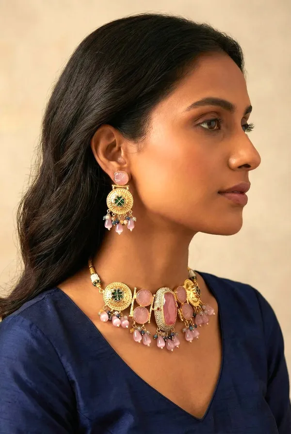 Multicolor_Brass_Kundan_Choker_Set_For_Women