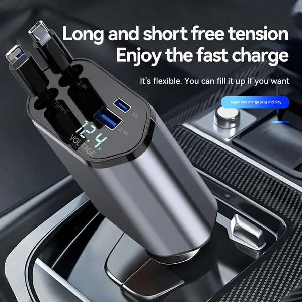 Black_4_In_1_Fast_Charging_Car_Charger_Dual_Usb_Type_C_Ports_With_Built_In_Retractable_Cables_And_digital_Voltage_Display