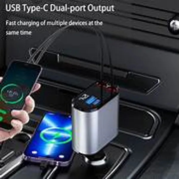 Black_4_In_1_Fast_Charging_Car_Charger_Dual_Usb_Type_C_Ports_With_Built_In_Retractable_Cables_And_digital_Voltage_Display