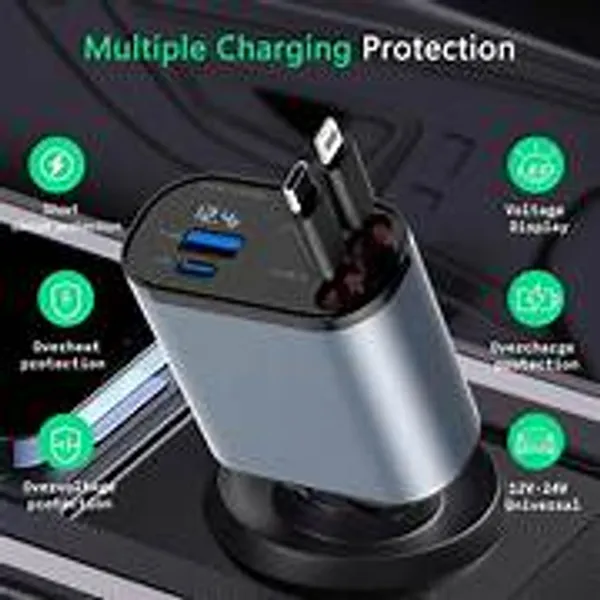 Black_4_In_1_Fast_Charging_Car_Charger_Dual_Usb_Type_C_Ports_With_Built_In_Retractable_Cables_And_digital_Voltage_Display