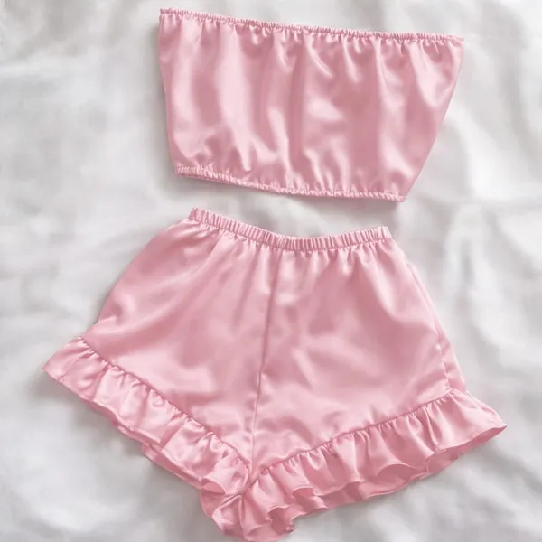 BABY_PINK_Satin_Strapless_Tube_Top_&_Ruffle_Shorts_Co-Ord_Set