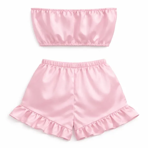 BABY_PINK_Satin_Strapless_Tube_Top_&_Ruffle_Shorts_Co-Ord_Set