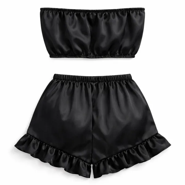 BLACK_Satin_Strapless_Tube_Top_&_Ruffle_Shorts_Co-Ord_Set