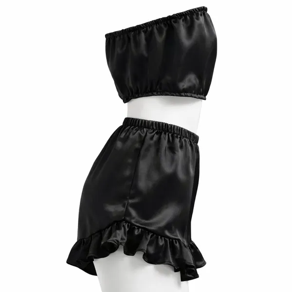 BLACK_Satin_Strapless_Tube_Top_&_Ruffle_Shorts_Co-Ord_Set