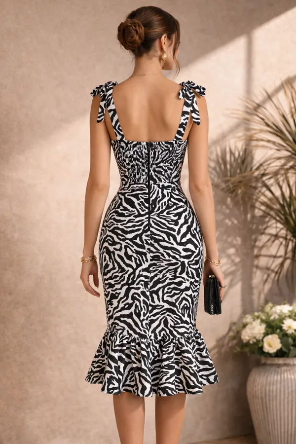 Black_&_White_Zebra_Print_Tie_Strap_Ruffle_Hem_Midi_Dress
