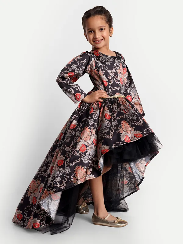Girls_Black_Floral_High-Low_Party_Dress_|_Long_Sleeve_Designer_Occasion_Wear_with_Net_Layer