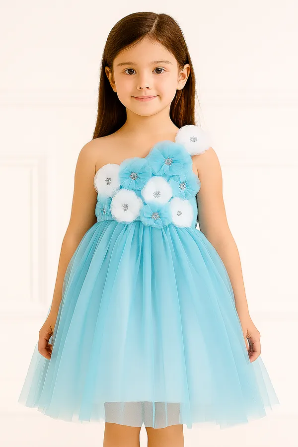Girls_Blush_Pink_3D_Floral_Party_Gown_|_One-Shoulder_Tulle_Designer_Dress