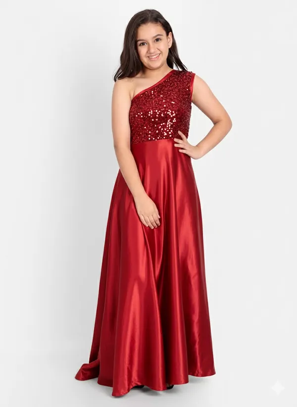 Girls_Embellished_One_Shoulder_saten_Maxi_Dress