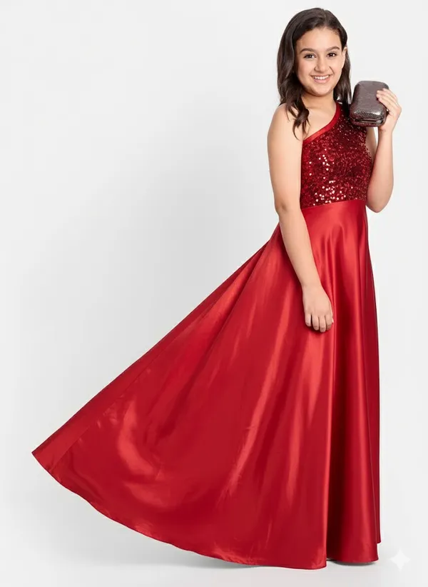 Girls_Embellished_One_Shoulder_saten_Maxi_Dress