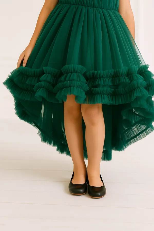 Girls_Emerald_Green_High-Low_Party_Dress_|_One-Shoulder_Ruffle_Hem_Designer_Frock