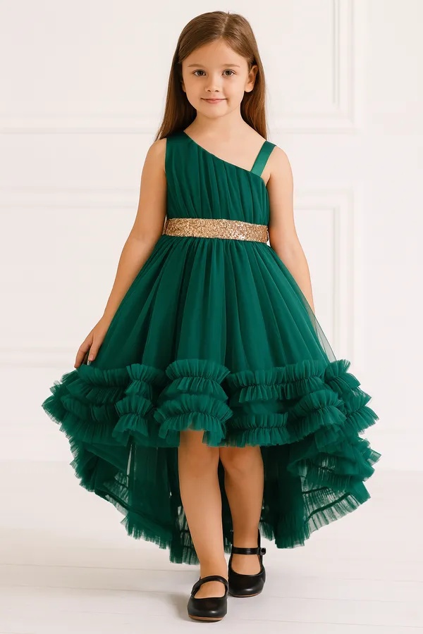 Girls_Emerald_Green_High-Low_Party_Dress_|_One-Shoulder_Ruffle_Hem_Designer_Frock