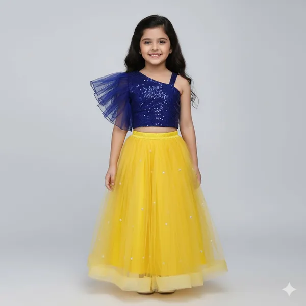 Girls_Navy_Blue_Sequin_Crop_Top_with_Yellow_Net_Flared_Skirt_|_Designer_Party_Wear_Lehenga_Set