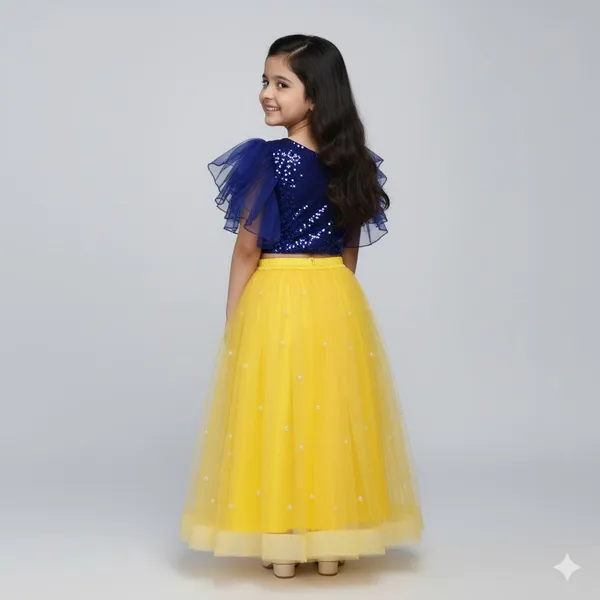 Girls_Navy_Blue_Sequin_Crop_Top_with_Yellow_Net_Flared_Skirt_|_Designer_Party_Wear_Lehenga_Set
