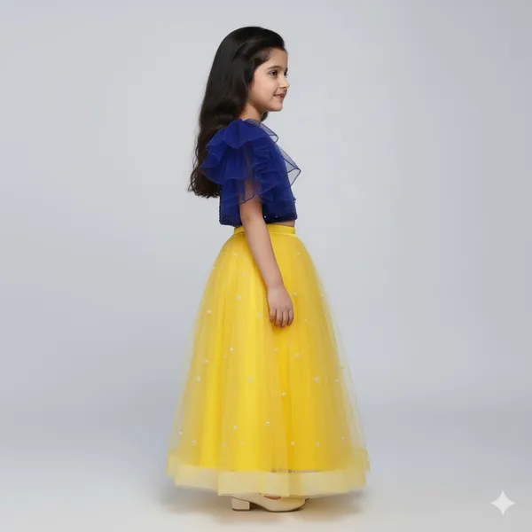 Girls_Navy_Blue_Sequin_Crop_Top_with_Yellow_Net_Flared_Skirt_|_Designer_Party_Wear_Lehenga_Set