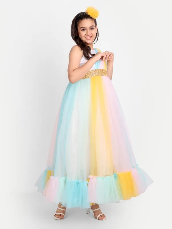 Girls_Pastel_Rainbow_Tulle_Gown_with_Gold_Waist_Belt_|_One-Shoulder_Party_Wear_Dress