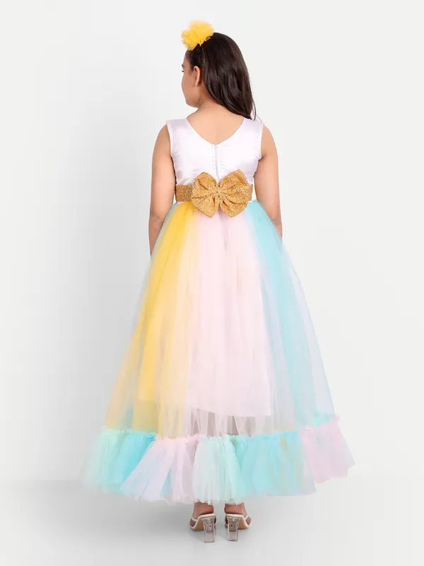 Girls_Pastel_Rainbow_Tulle_Gown_with_Gold_Waist_Belt_|_One-Shoulder_Party_Wear_Dress