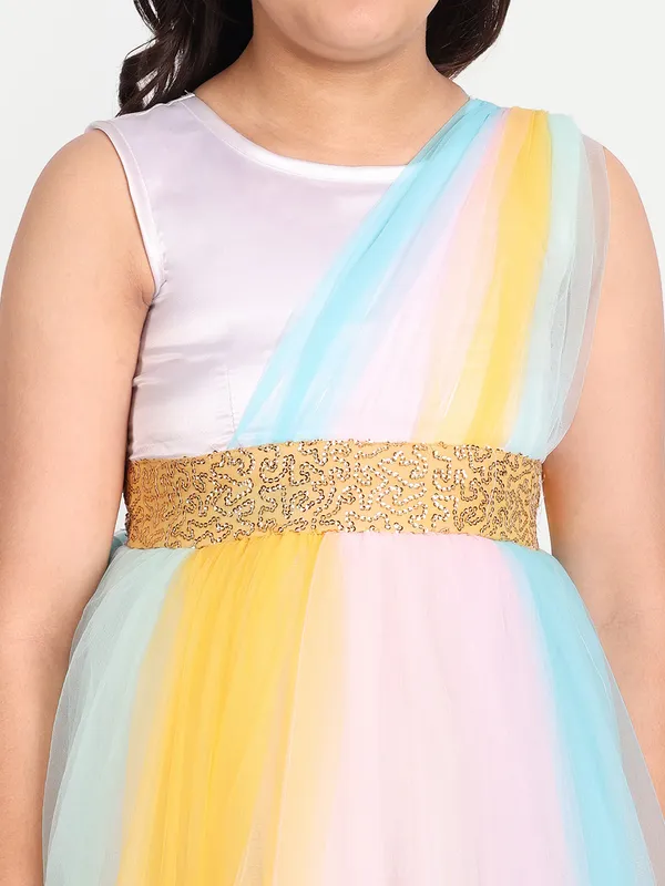 Girls_Pastel_Rainbow_Tulle_Gown_with_Gold_Waist_Belt_|_One-Shoulder_Party_Wear_Dress