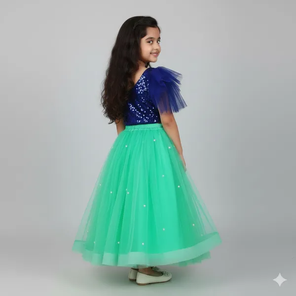 Girls_Royal_Blue_Sequin_Crop_Top_with_Green_Net_Flared_Skirt_|_Party_Wear_Lehenga_Style_Set