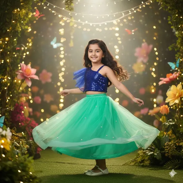 Girls_Royal_Blue_Sequin_Crop_Top_with_Green_Net_Flared_Skirt_|_Party_Wear_Lehenga_Style_Set