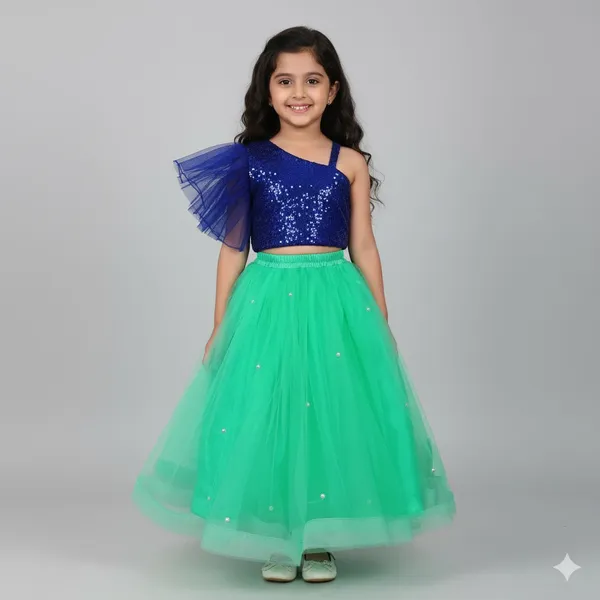 Girls_Royal_Blue_Sequin_Crop_Top_with_Green_Net_Flared_Skirt_|_Party_Wear_Lehenga_Style_Set