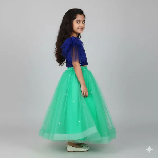 Girls_Royal_Blue_Sequin_Crop_Top_with_Green_Net_Flared_Skirt_|_Party_Wear_Lehenga_Style_Set