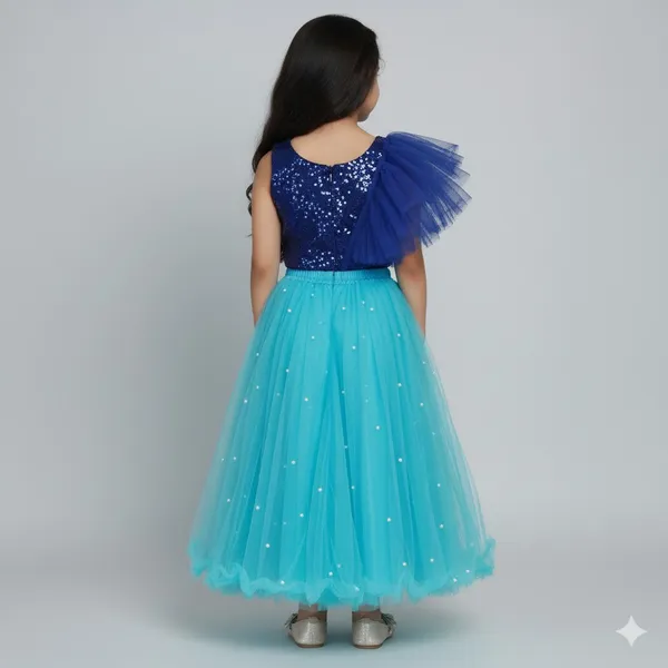 Girls_Royal_Blue_Sequin_Crop_Top_with_Sky_Blue_Net_Flared_Skirt_|_Designer_Party_Wear_Lehenga_Set